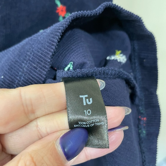 TU Navy Cord Pinafore Dress Embroidered Flowers Size 10 - Picture 8 of 8